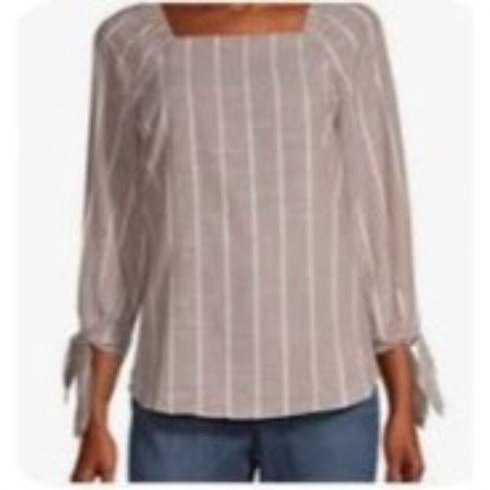 Liz Claiborne Blouse Womens Small Mauve Striped Square Neck Tie Sleeve Top - Picture 3 of 9